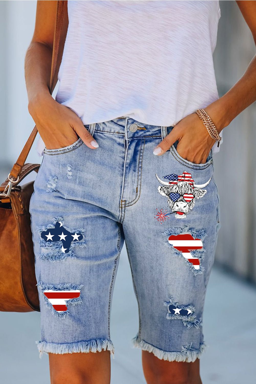 American Flag Independence Day Yak Ripped Bermuda Shorts