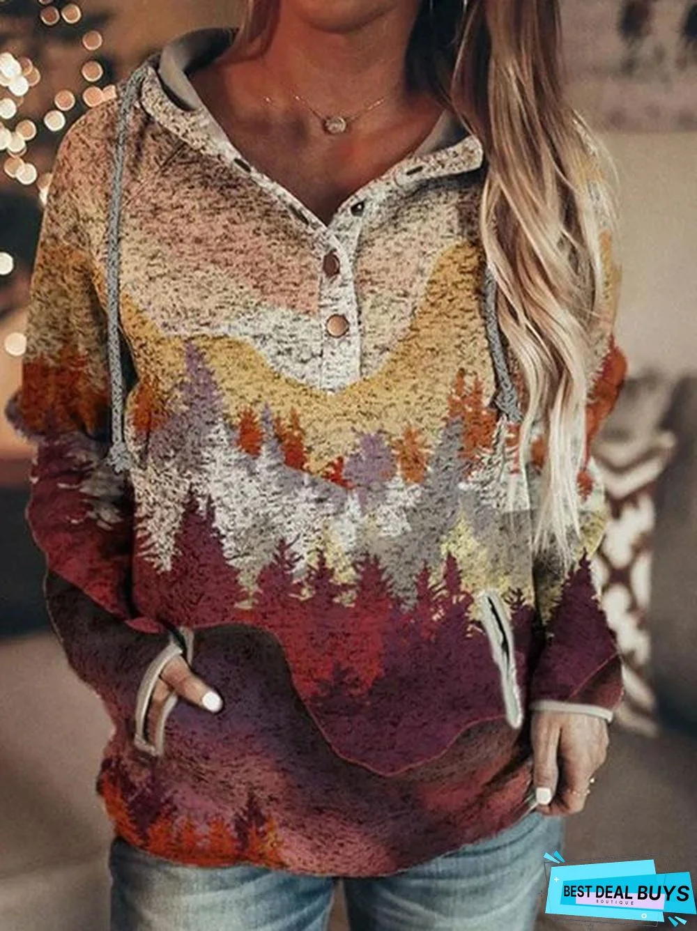 Women's autumn and winter long mountain print casual pocket hooded Sweatshirt