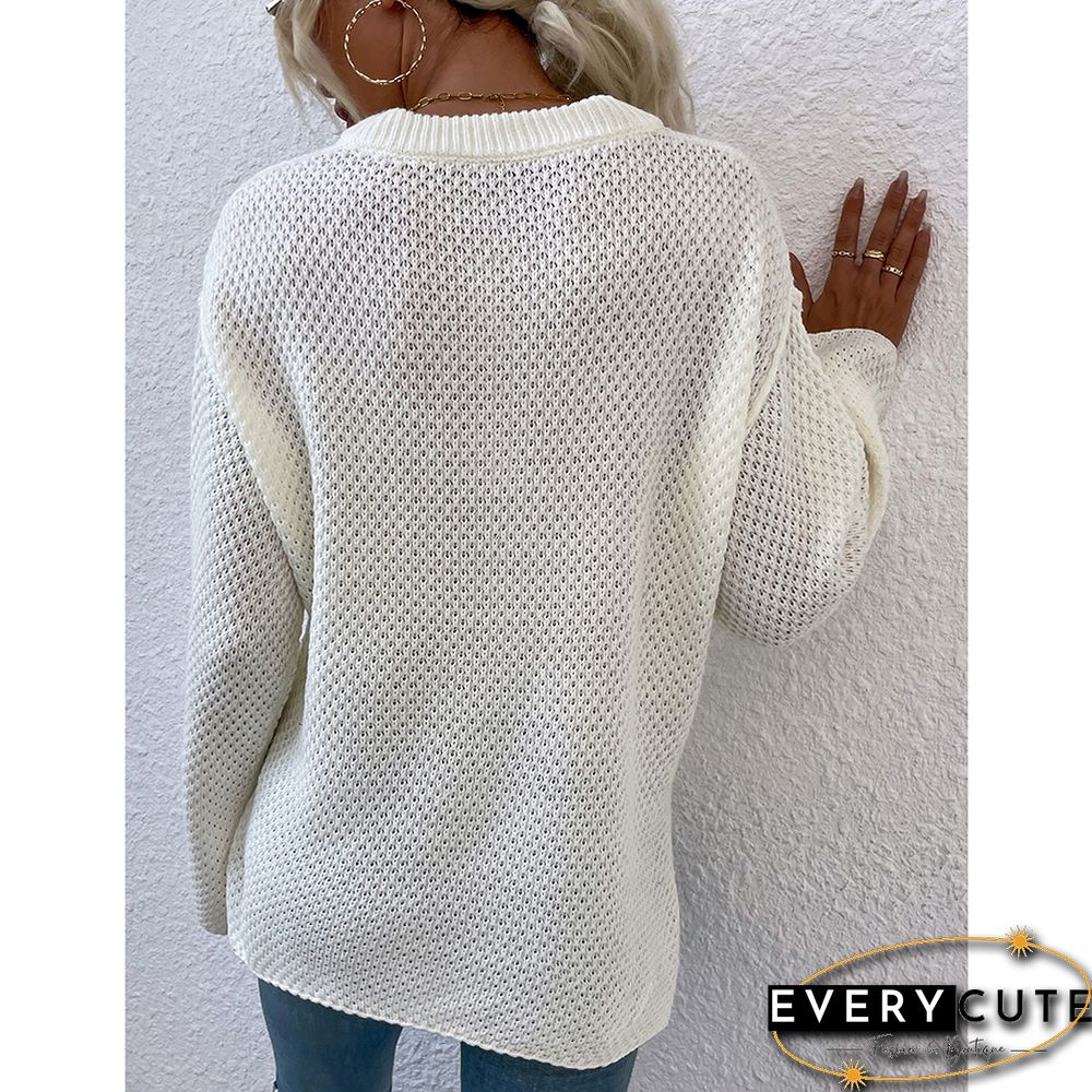 Beige Button-up Crew Neck Drop Shoulder Knit Sweater