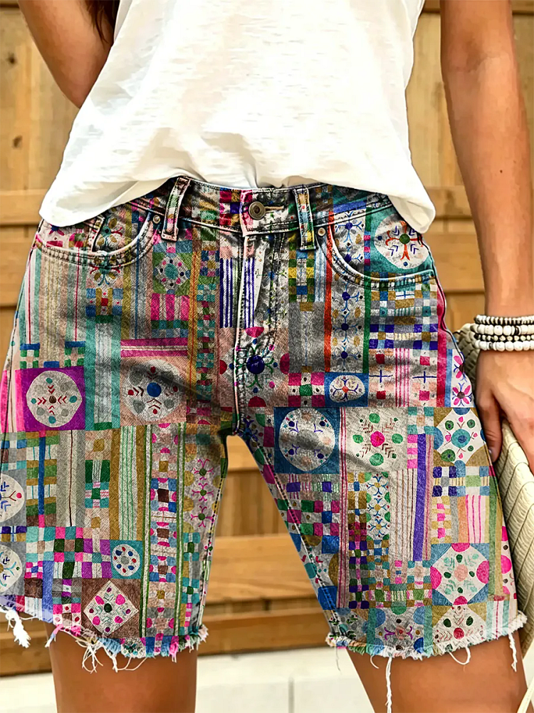 Ethnicity Geometry Patchwork Women's Art Print Casual Denim Shorts