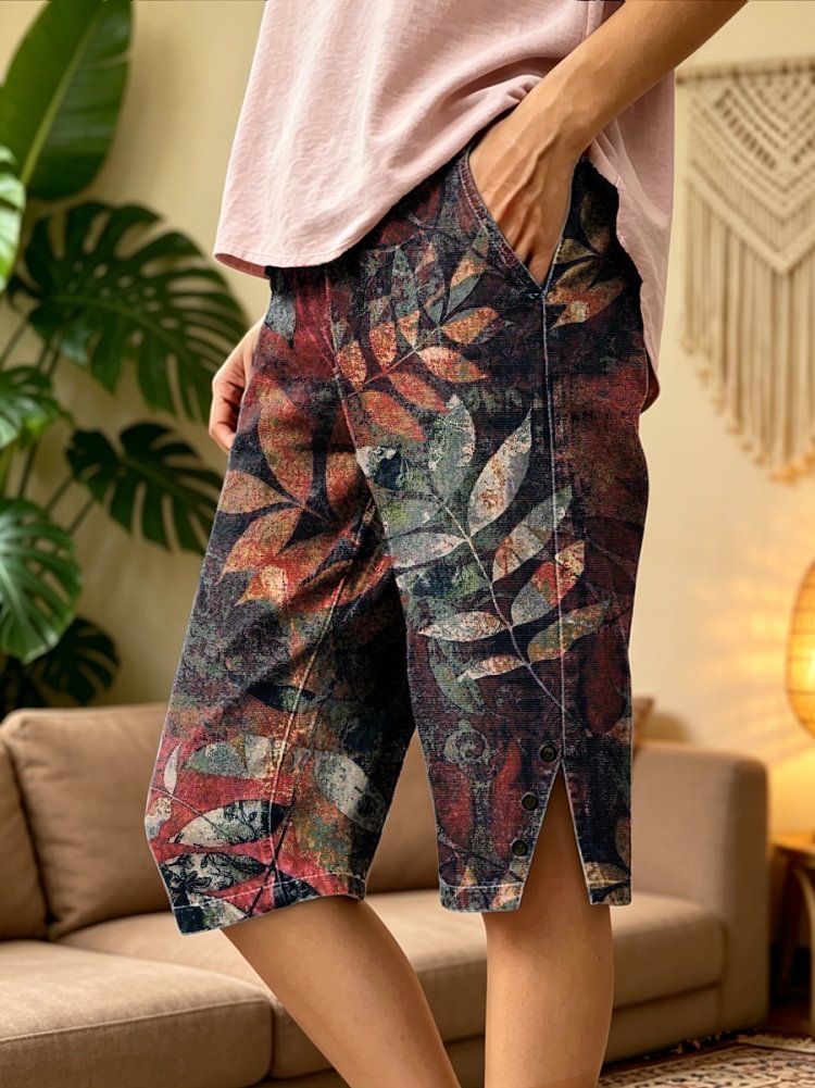 Women's Retro Ethnic Floral Art Print Casual Washed Cotton Denim Shorts