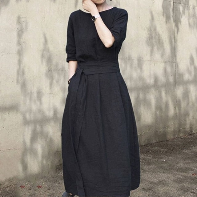 LANFUBEISI Women Dress Summer 2021 New Bohemian Retro Linen Dresses Solid O-Neck Banquet Dress Black Cotton Elegant Vintage Women's Dress Lanfubeisi