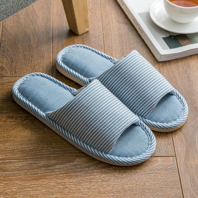 Linen Indoor Slippers Four Seasons Striped Cotton Slippers Couples Absorbing Sweat Soft Bottom Home Wood Floor Sandals Chinelos