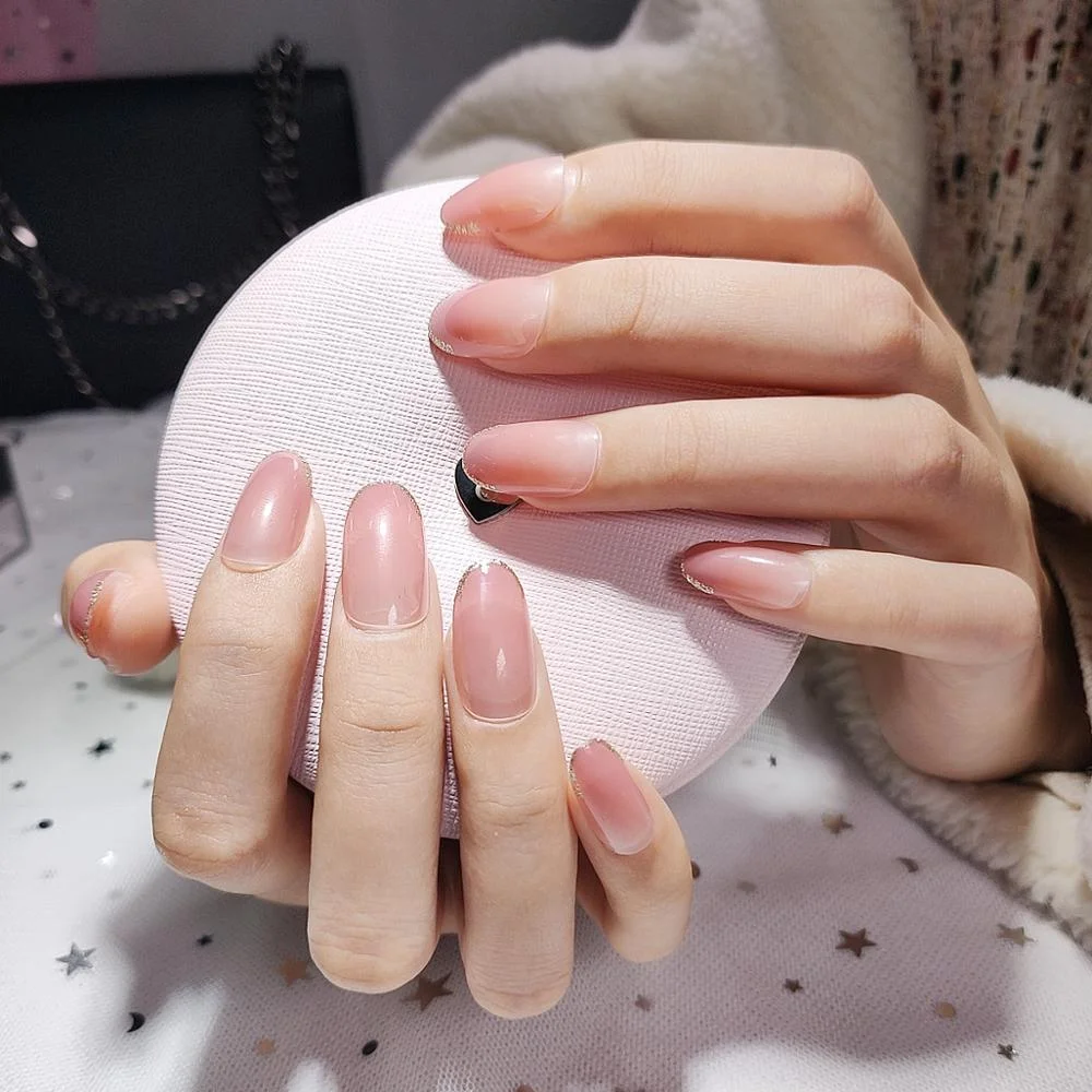 Simple Pink press on Nails Medium Round Full Cover Detachable nail tips for girls Manicure acrylic French fake nails with glue-Nail Inspo