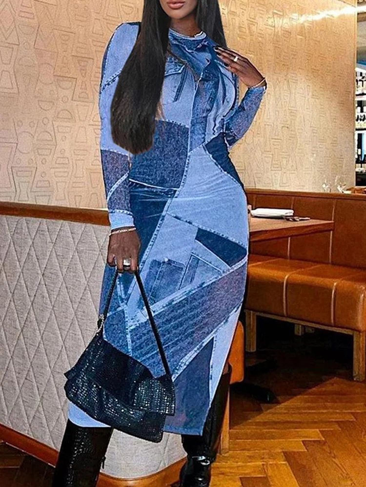 Casual Denim Pattern Colorblock Side Split Bodycon Maxi Dress