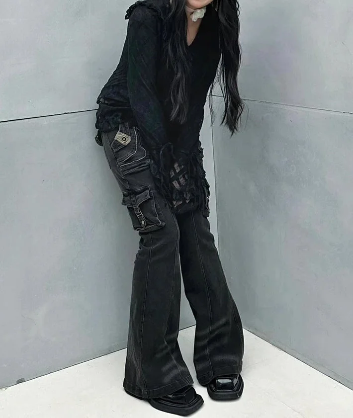 Grey Gothic Baggy Cargo Flare Pant