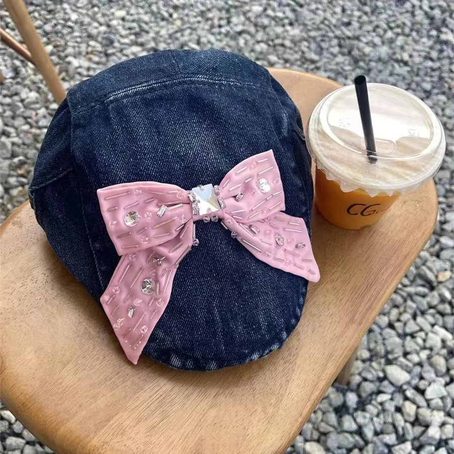 Llyge Women's Bow Beret Hat Autumn Unisex Denim Berets Hat Spring Forward Caps Octagonal Cap Men Ladies Travel Art Painter Caps Gorros llyge