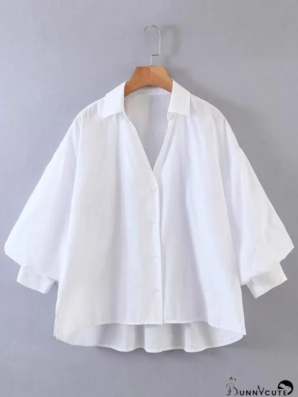 Bishop Sleeve High Low Button Up Blouse
