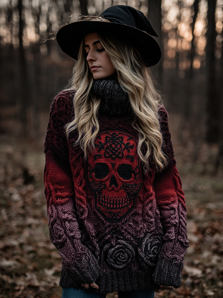 Women's Viking Tribal Jacquard Celtic With Rose And Skull Inspired Chunky Knit Hooded Sweater