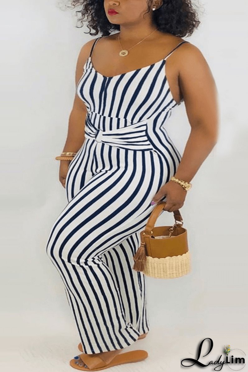 Fashion Sexy Spaghetti Strap Striped Plus Size Jumpsuit