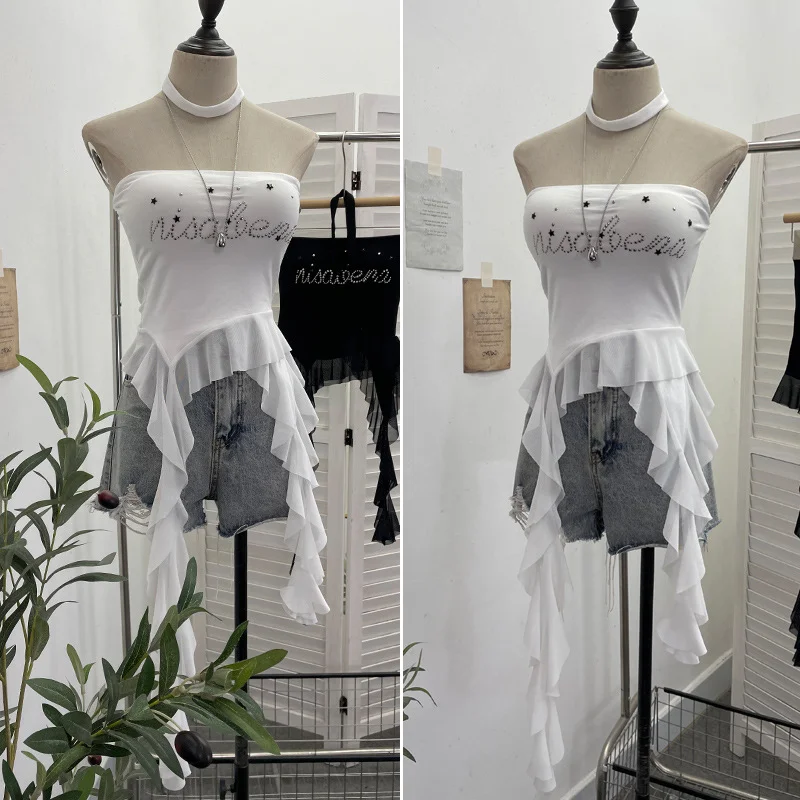 Nigikala Nigikala Shooting Hottie Letter Hot Diamond With Chest Pads To Wear Chest Vest Irregular Mesh Ribbon Hanging Neck Sleeveless Top 2729