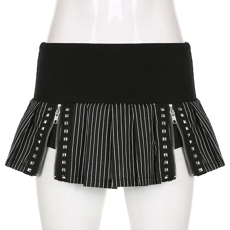 Sweetown Black Stripe Cute Y2K Micro Pleated Skirts Womens Zip Up Rivet Dark Goth Punk Mini Skirt Low Waist Sexy Grunge Outfits