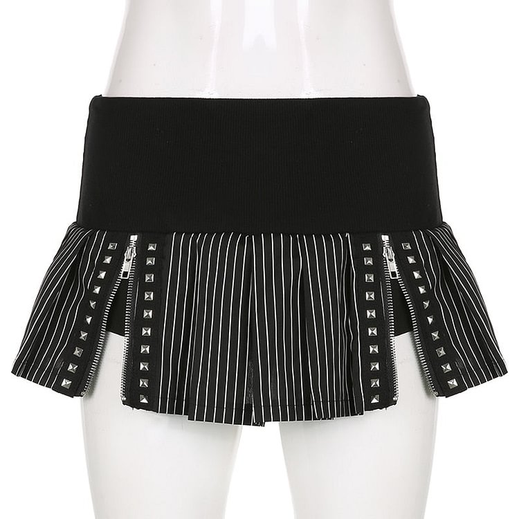 Sweetown Black Stripe Cute Y2K Micro Pleated Skirts Womens Zip Up Rivet Dark Goth Punk Mini Skirt Low Waist Sexy Grunge Outfits