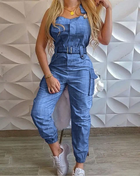 Uveng Uveng Women's Work-Packed Pocket Design Jumpsuit Sleeveless Backs And Trousers Simple Restraints Trousers + Belts