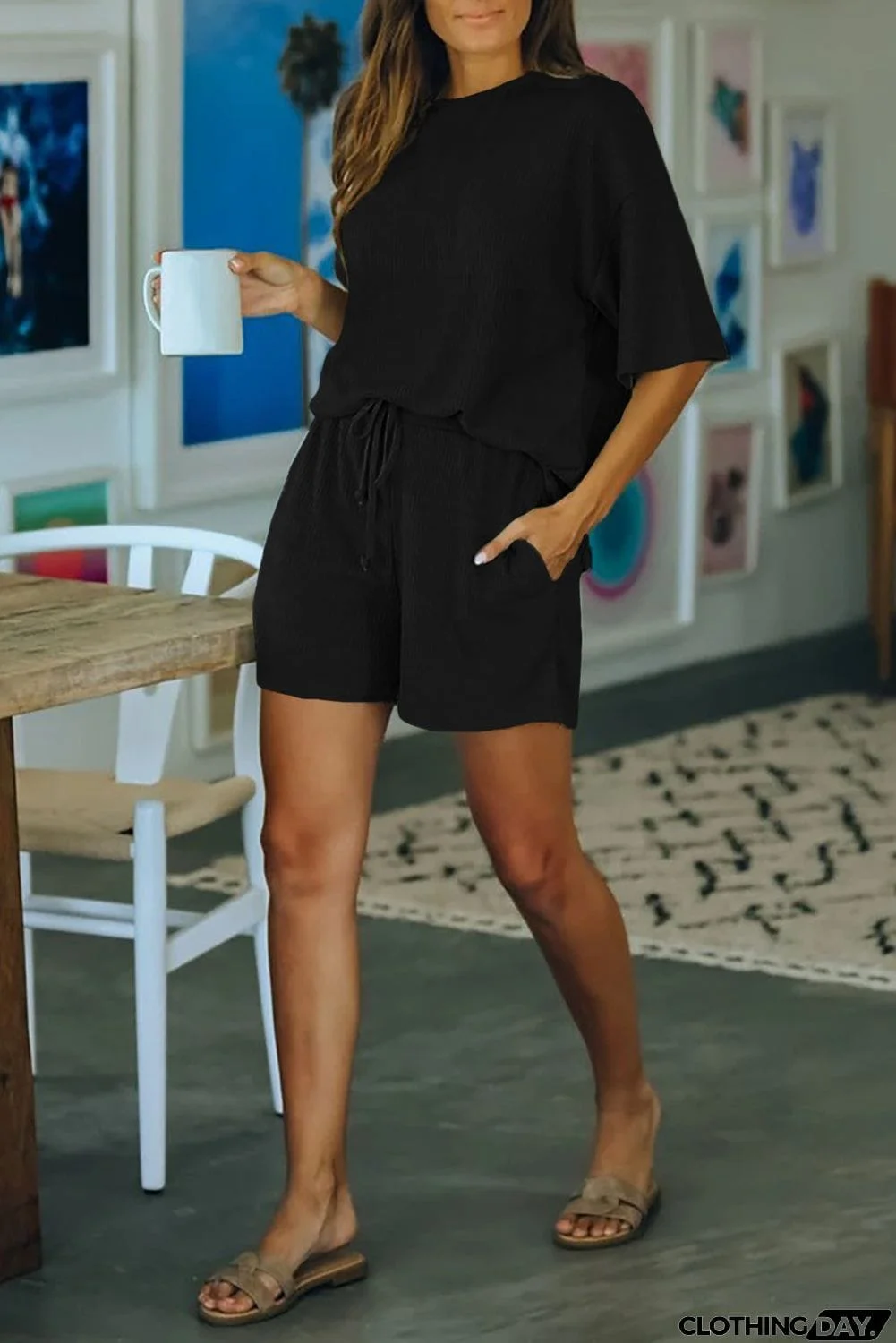 Khaki Crew Neck Short Sleeve Ribbed Lounge Set