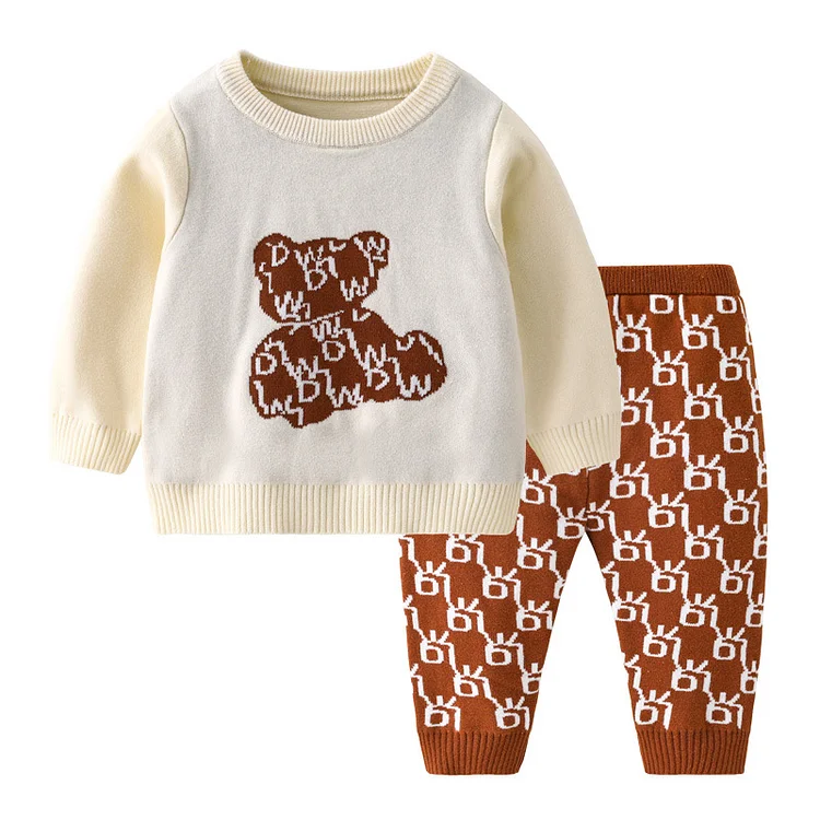 2pcs Baby Boys & Girls Bear Graphic Knit Tops and Pants Set