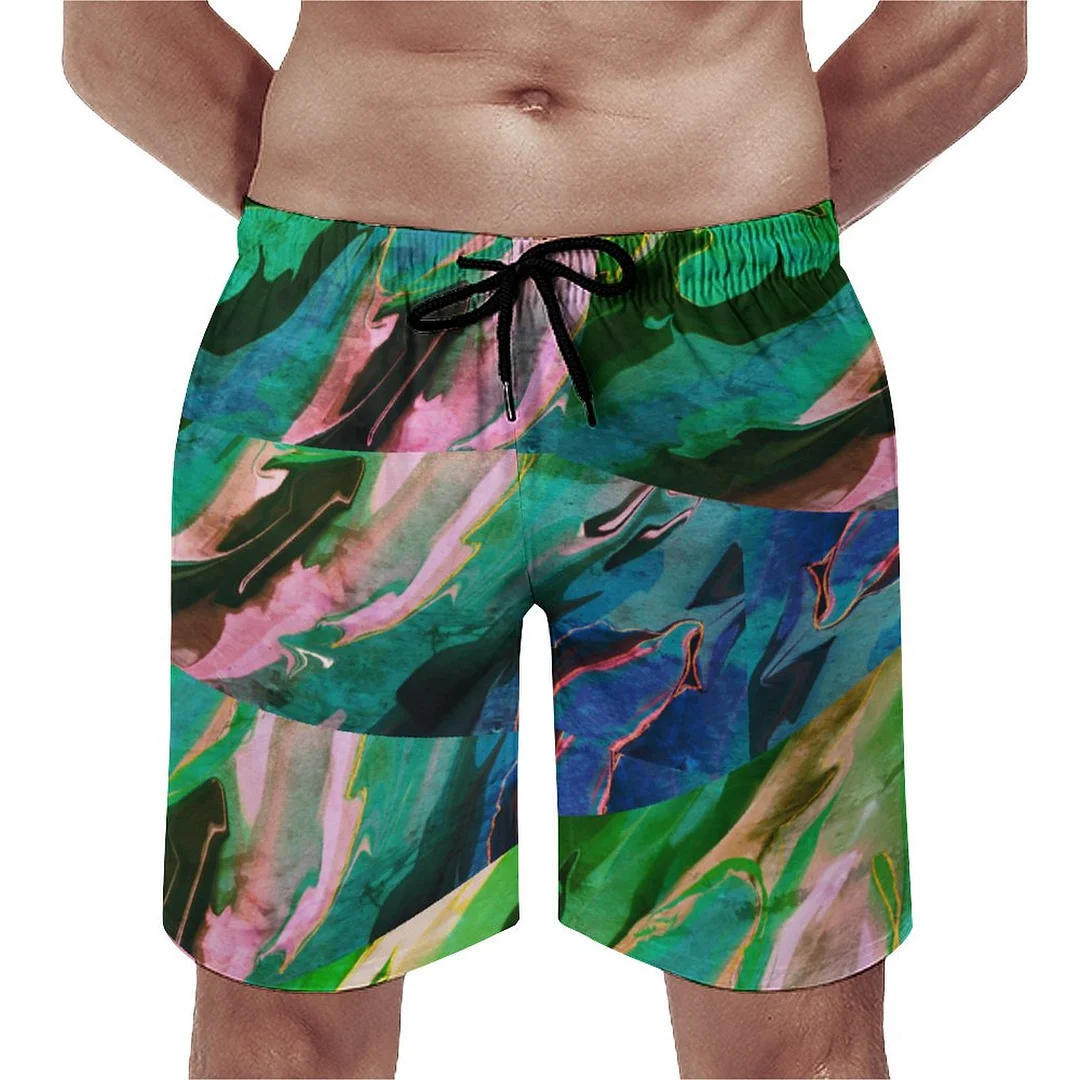 Arty Blue Green Pink Marble Watercolor Men's Swim Trunks Summer Board Shorts Quick Dry Beach Short with Pockets
