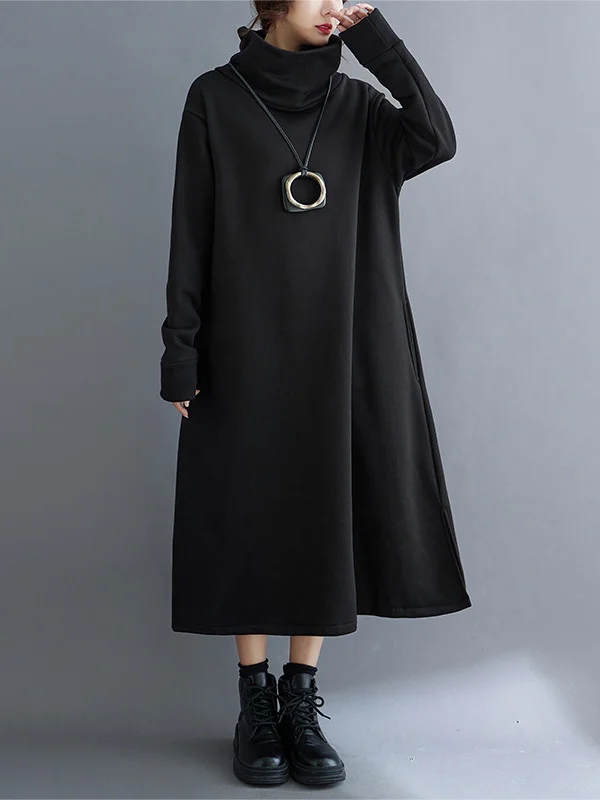 Pockets Solid Color Split-Side Velvet A-Line Long Sleeves High Neck Midi Dresses