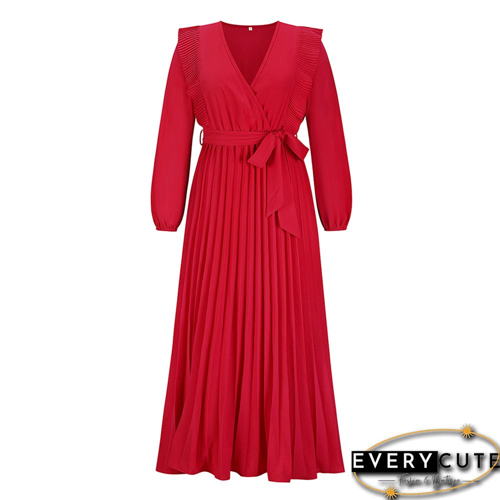 Red V Neck Pleated Tie Waist Swing Maxi Dress