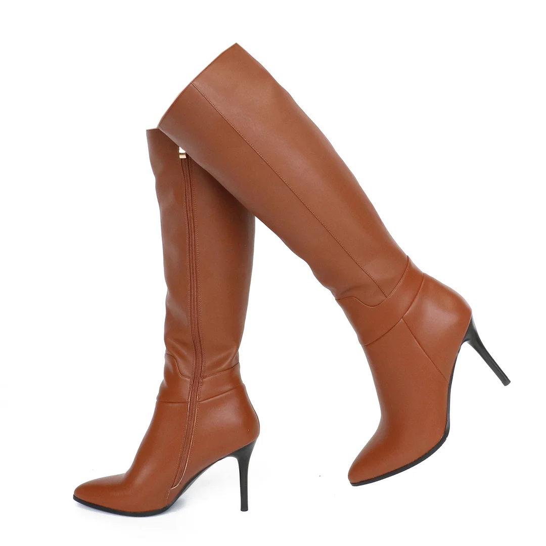 9.5cm Zipper Genuine Leather Mid Heels Knee Boots-MERUMOTE