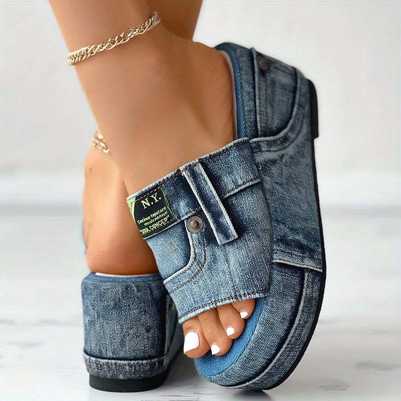 Women's Denim Platform Sandals, Fashion Open Round Toe Non Slip Slides, Outdoor Wedge Sandals