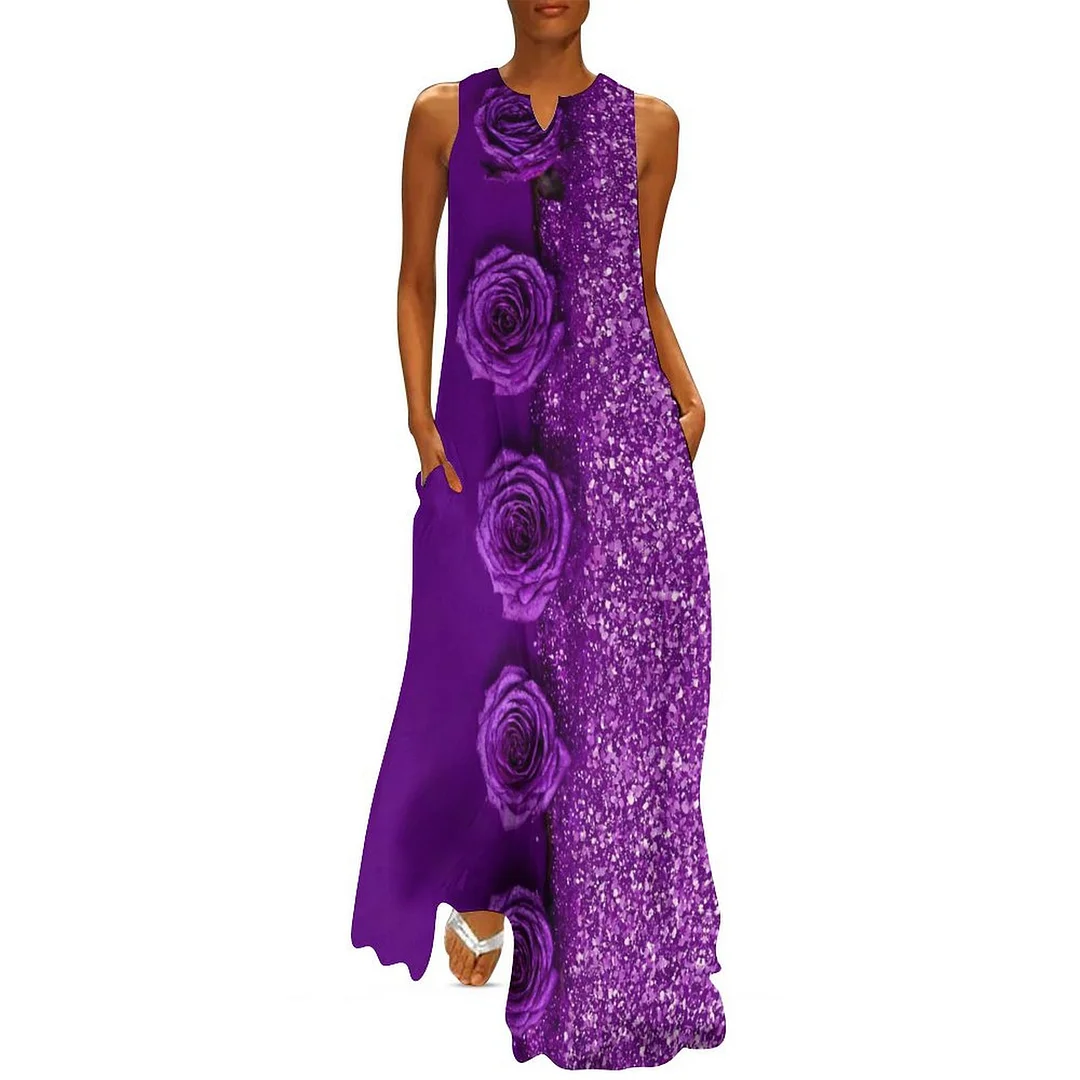 Style & Comfort for Mature Women Plus Size Printed Sleeveless Casual Women Maxi Dress with Pockets in Pattern Purple, Patchwork, Glitter, Rose, Floral