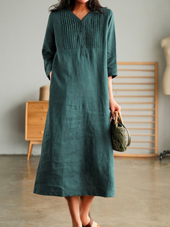 Women's Solid V-neck Cotton Linen Dress