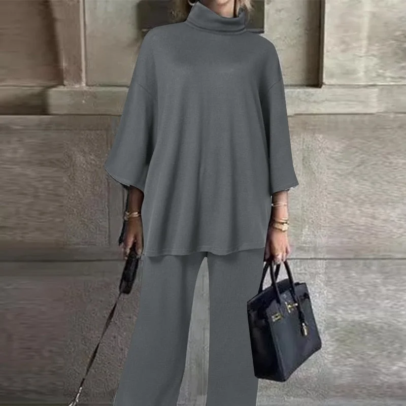 Celmia 2022 Fashion Women 2 Pieces Autumn Pant High Set Collar 3/4 Sleeve Tops and Wide Leg Long Pants Casual Loose Solid Suits