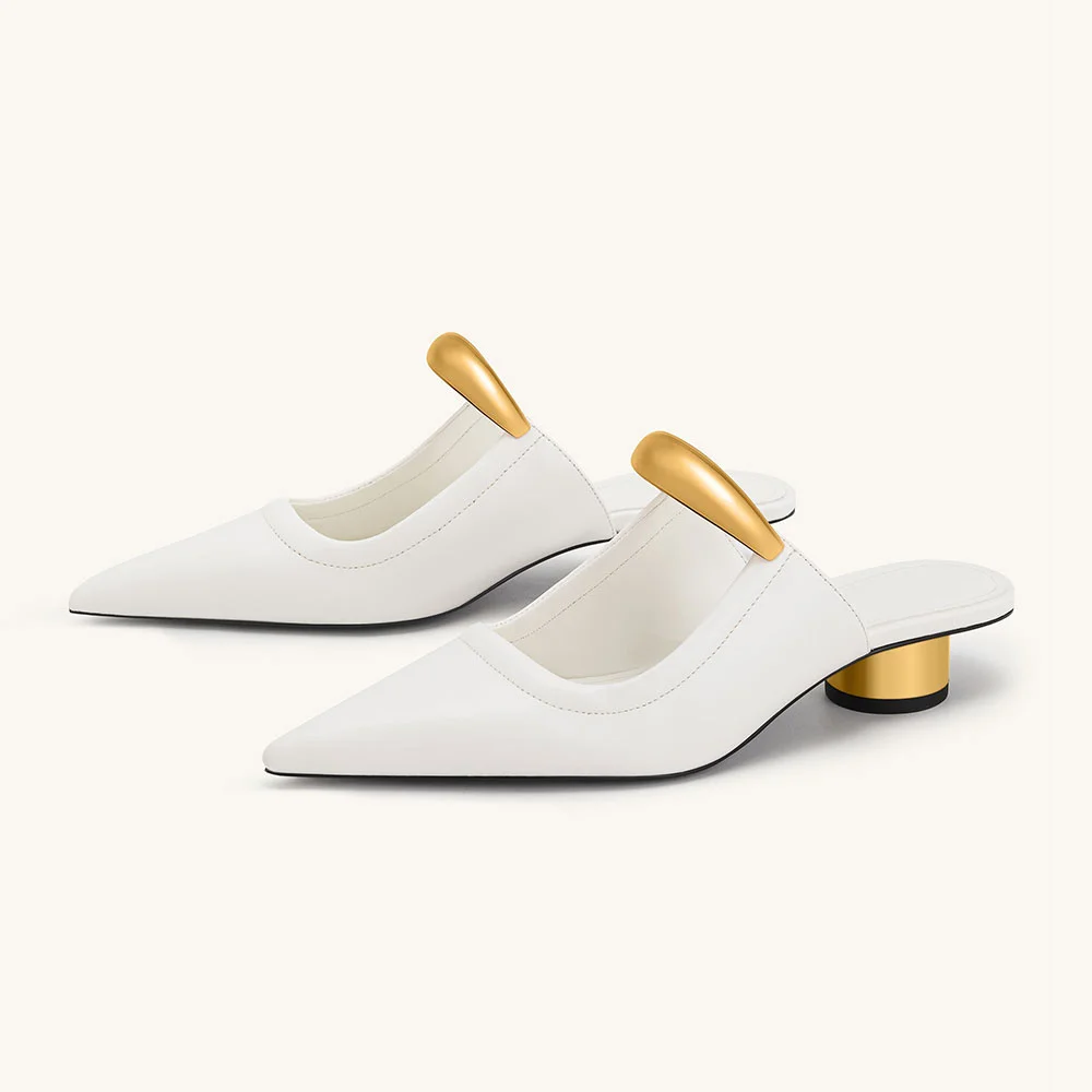 Fashion White Pointed Toe Metal Strap Mule Shoes with Cylinder Heel