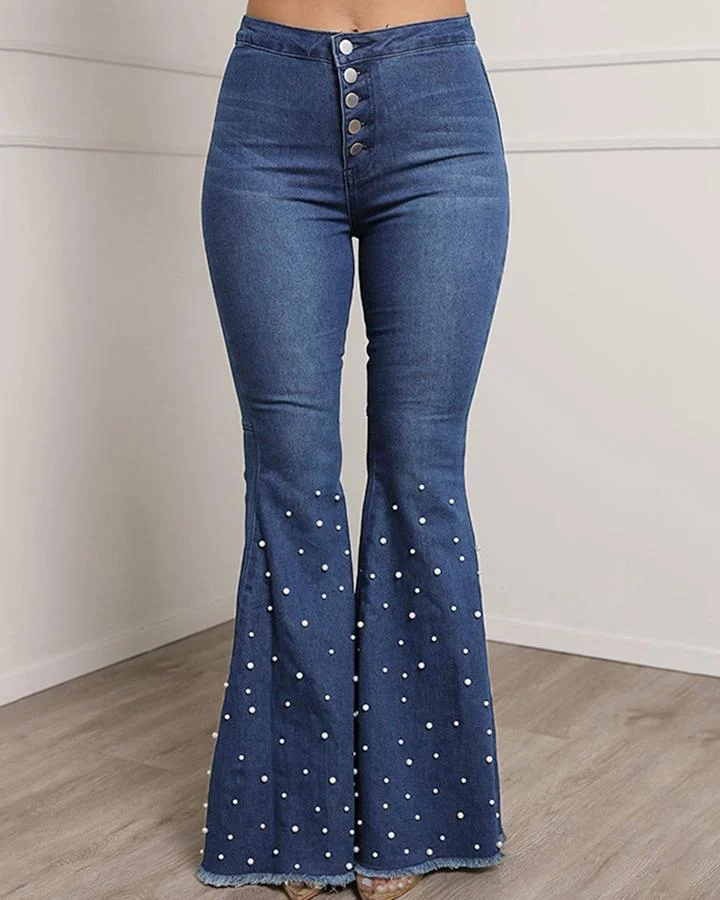 Pearl Decor Button Front High Waist Flare Jeans