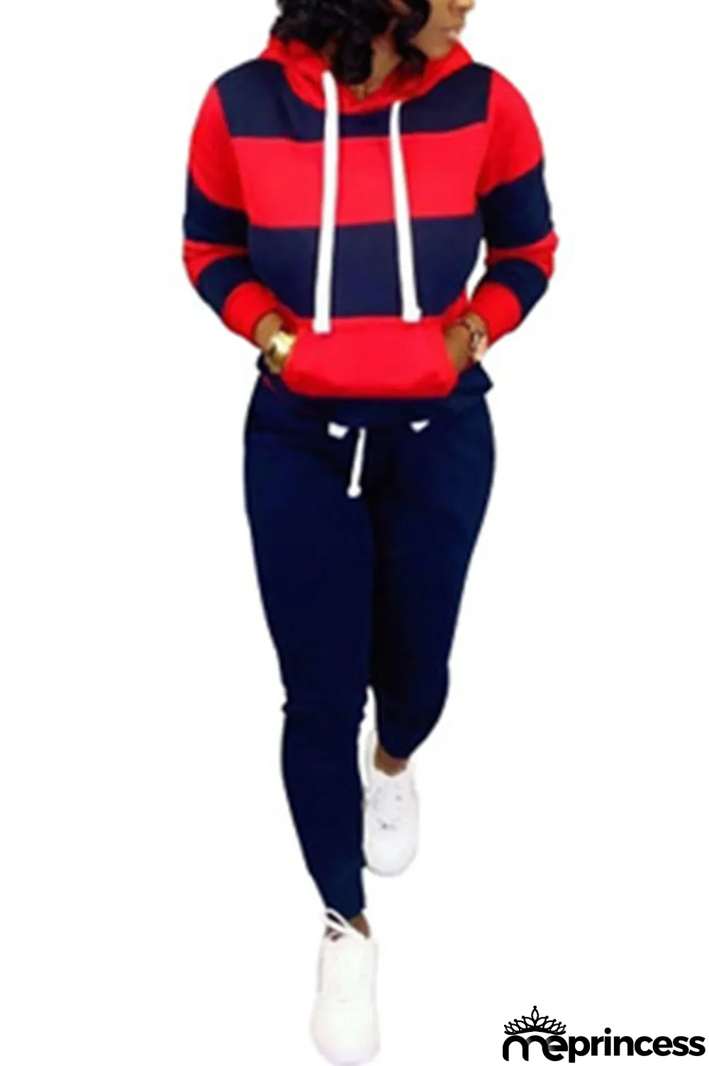 Red Polyester OL Striped Patchwork Print pencil Long Sleeve Two Pieces