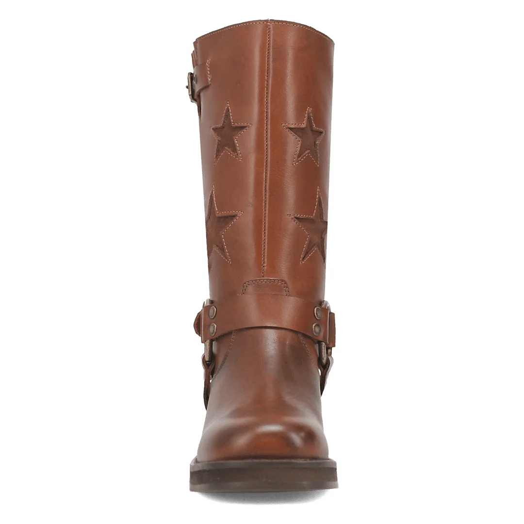 Vegan Leather Brown Star Inlay Studded Buckle Strap Block Heel Boots