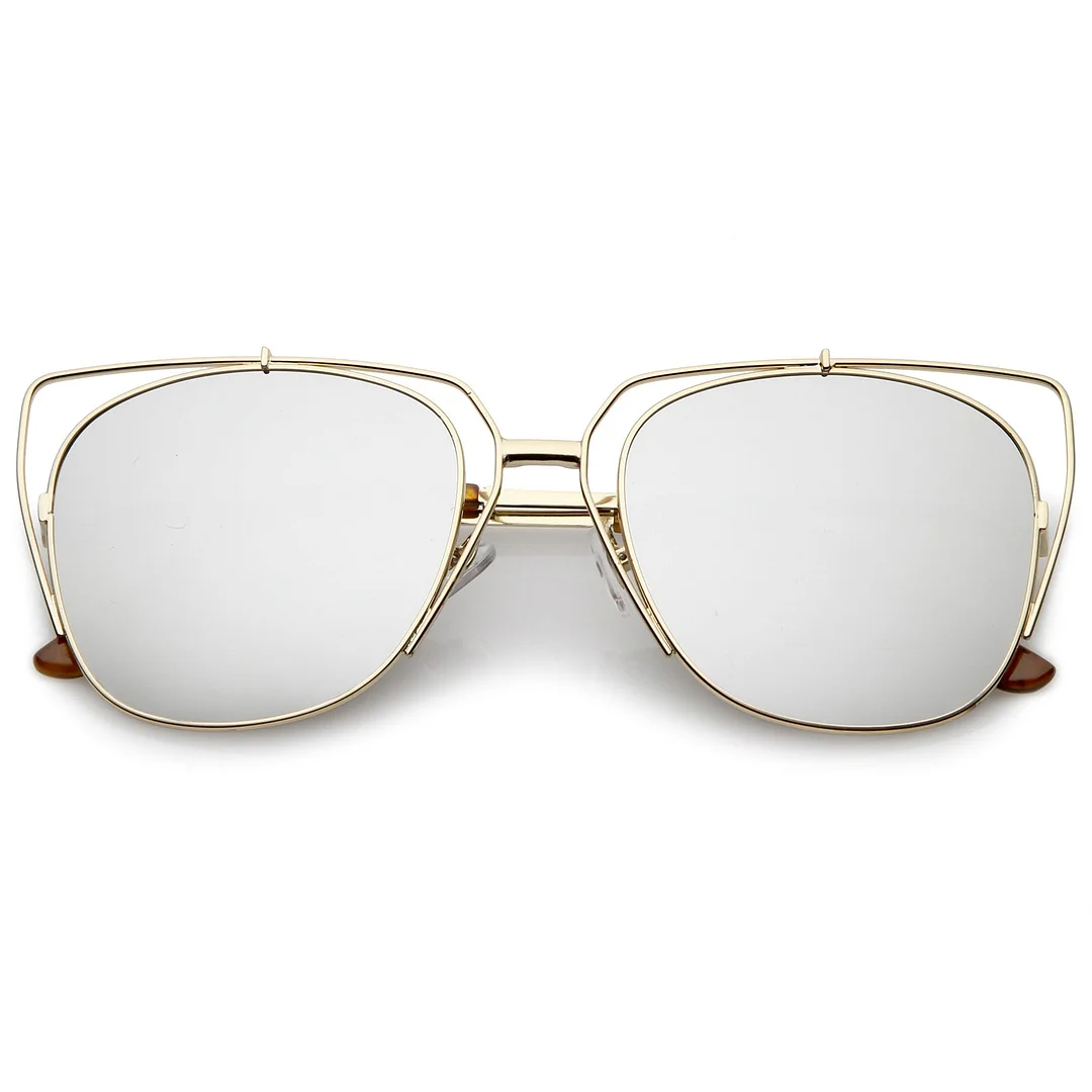 Women's Open Metal Cat Eye glasses With Mirrored Flat Lens And Slim Arms 55mm