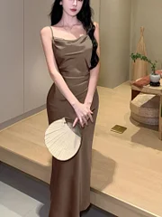 Ejimei Sexy Bodycon Satin Dress Women New Summer Spaghetti Strap Swinging Collar Mermaid Solid Evening Party Dresses Prom Robe Vestido