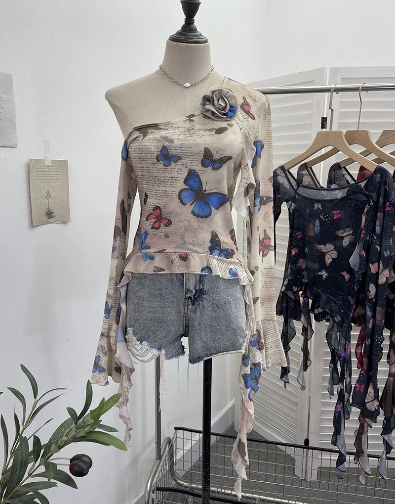 Uveng Tie Dyed Elastic Mesh Oblique Shoulder Irregular Horn Long-Sleeved T-Shirt Flower Short Floated Female 9932