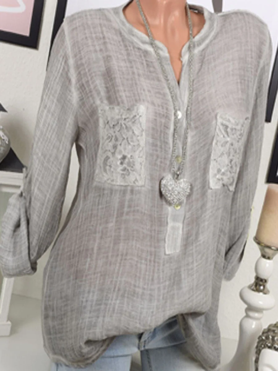 Lace pocket V-Neck Solid Color Blouse