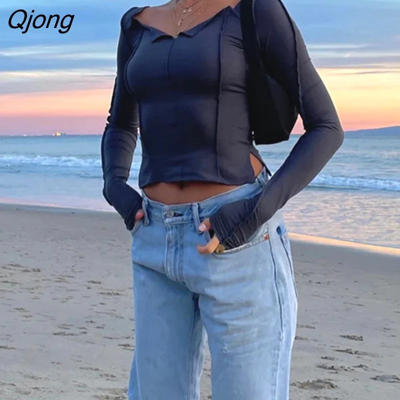 Qjong Off Shoulder Long Sleeve T-Shirt Women Spring Casual Party Street Tops 2023 Solid Base Tees Female Cropped Y2K Shirts