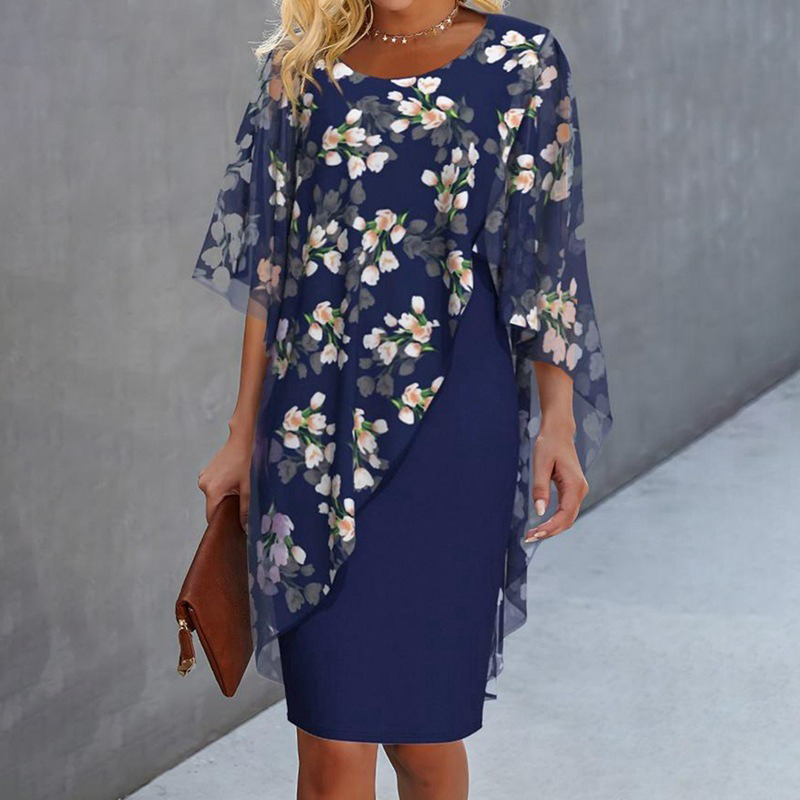 Comstylish Women's Vintage Elegant Floral Print Two Piece Mid Sleeve Dress