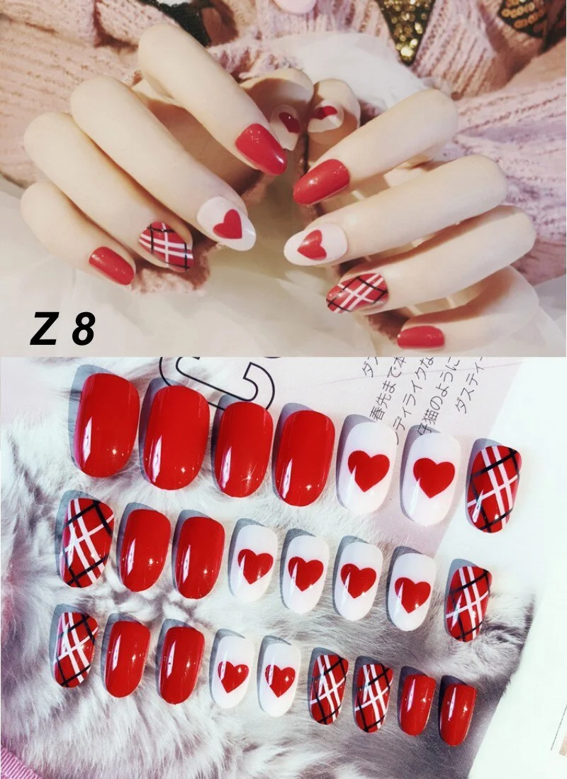 24 Pcs/Set False Nails Full Cover Artificial Fake Nails Press On Tips Painted Design Stickers Short Art Tips with Color Cute Red-Nail Inspo