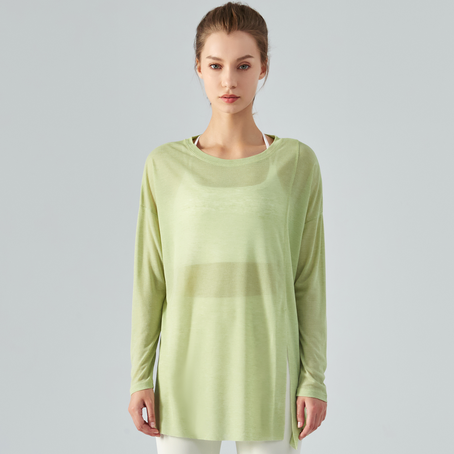 Buy long Celery Green sleeve one side slit lightweight thin running shirt for summer womens of high quality on Hergymclothing