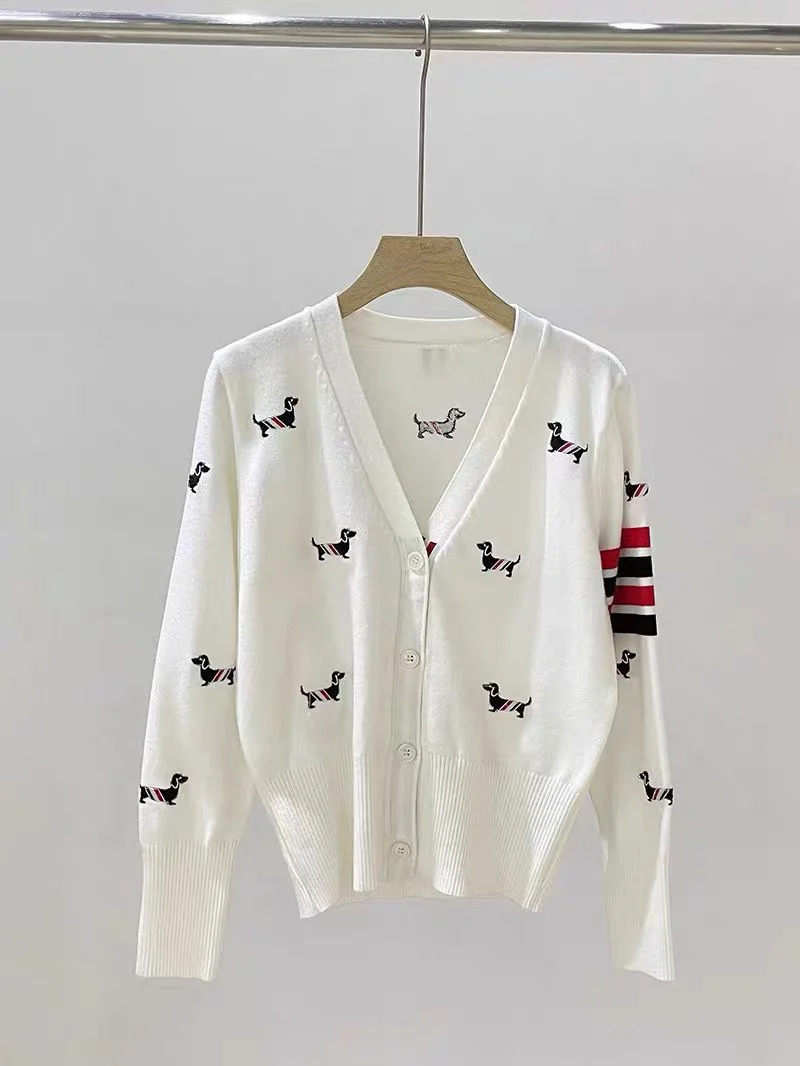 Nigikala Nigikala College Wind Puppy Embroidery V Collar Knitted Cardigan Sweater Coat Four Bar Thin Japanese, South Korea, Japan And South Korea Wind