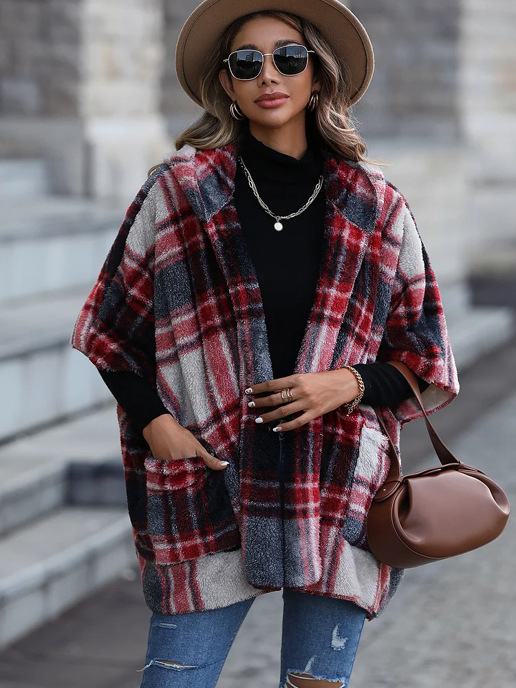 Women's Jacket Hooded Haft Sleeve Loose Scottish Button-Up Fleece Jacket