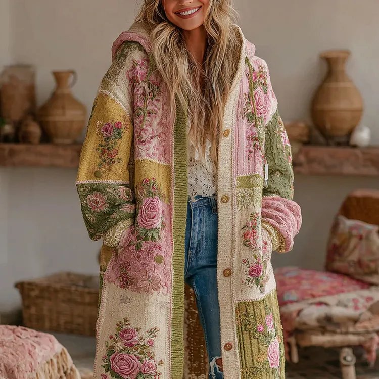 Women's Vintage Patchwork Floral Art Cozy Knit Hooded Cardigan