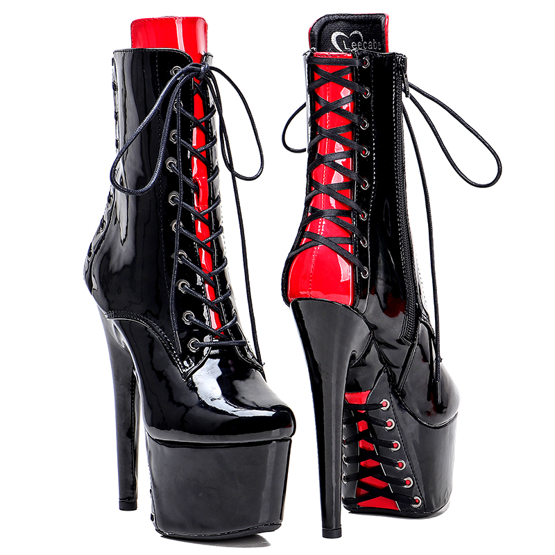 VCshoes 17CM/7inches Patent Upper Pole Dancing Shoes High Heel Platform Lace Up Ankle Boot Pole Dance Boot
