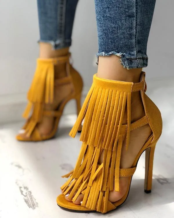 Fashion Solid Tassel High Heel Sandals