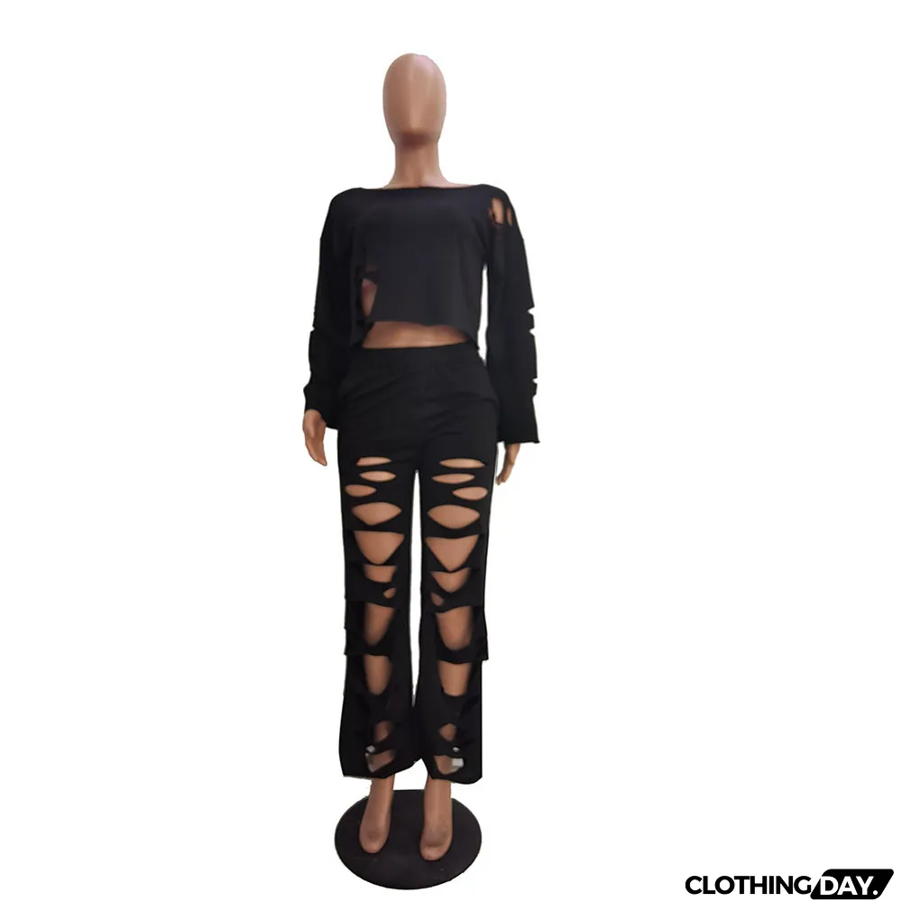 Casual Solid Color Ripped Flared Pants Suit