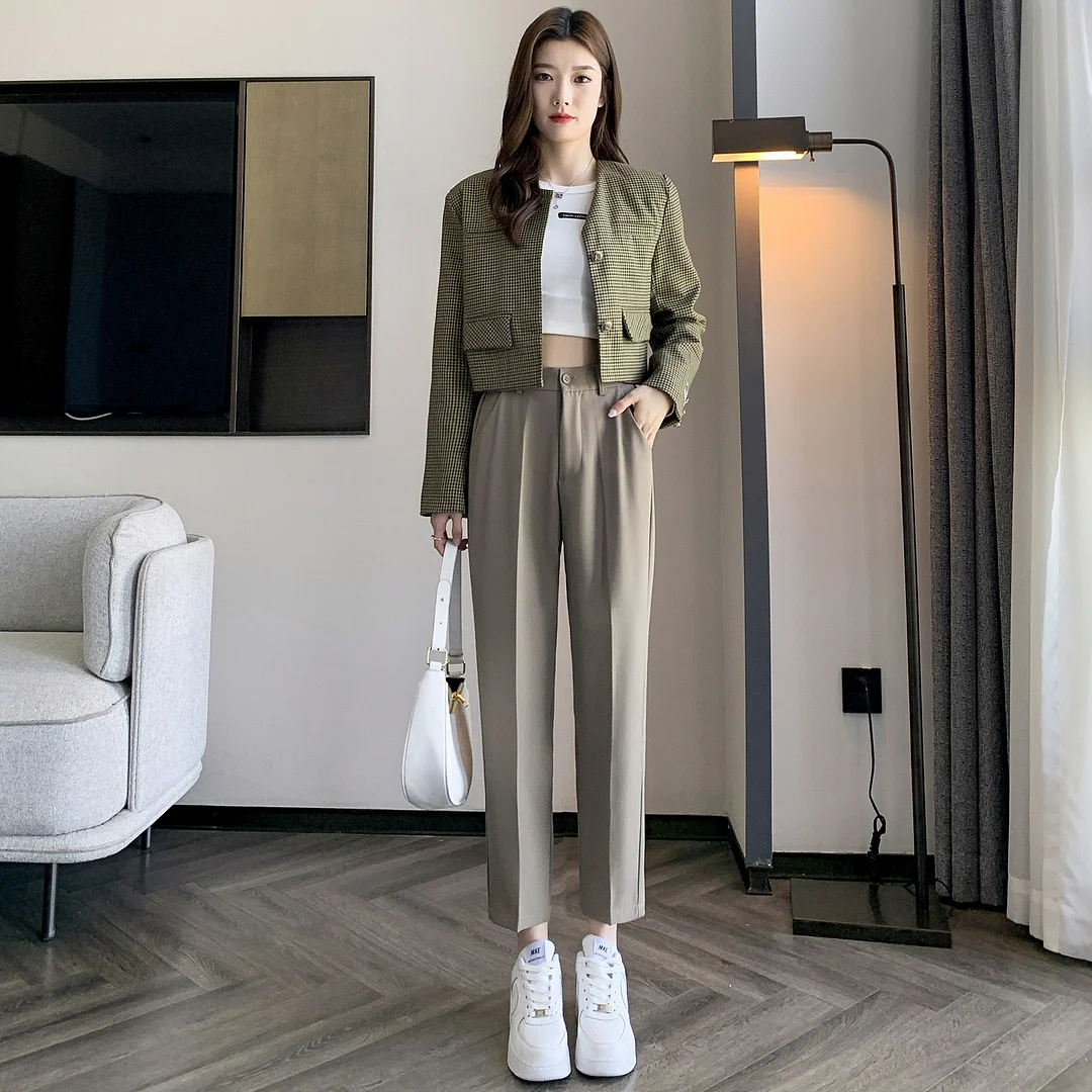 Woherb Grey Suit Pants Female Autumn New Ice Silk Pants Hanging Feeling Show Thin Harun Nine Points Casual Straight Tube Smoke Pipe Pants-Outfit Ideas
