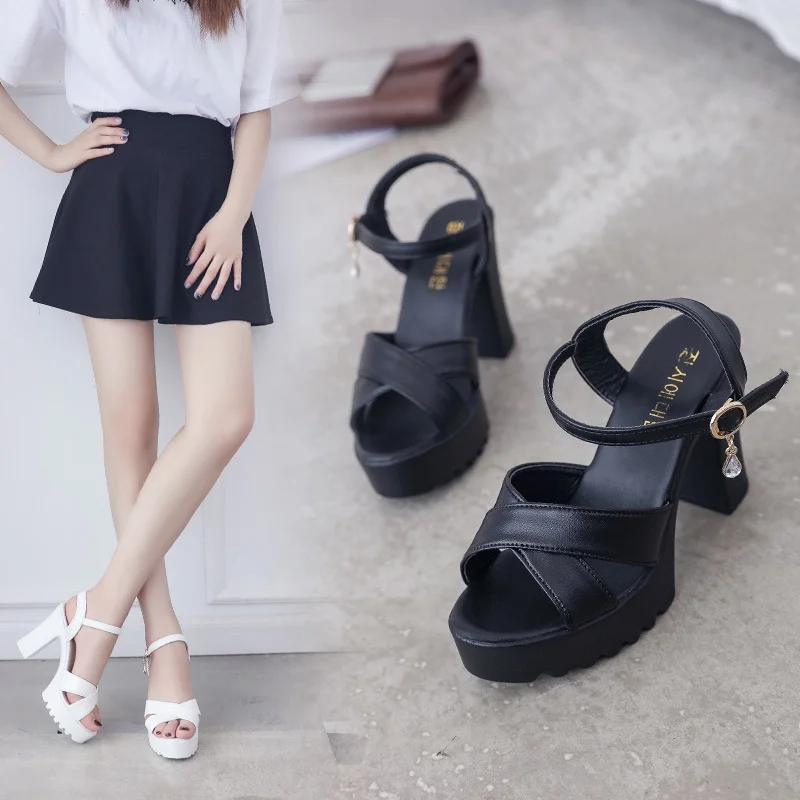 Breakj Breakj Women 2025 Summer New Korean Version Of High-Heeled Sandals One-Word Buckle Fashion Coarse Women's Sandals