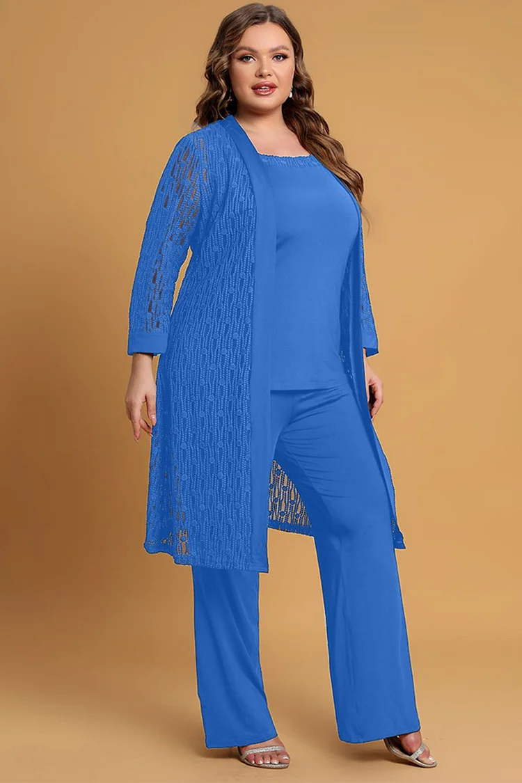 Flycurvy Plus Size Mother Of The Bride Black Lace 3/4 Sleeve Solid Three Pieces Pant Suit  Flycurvy [product_label]