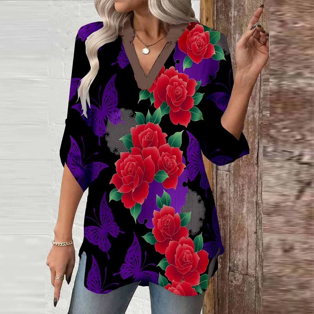 Women Floral,Red,Purple DZGA0772 3/4 Sleeve V-neck Printed Graphic Button Tops